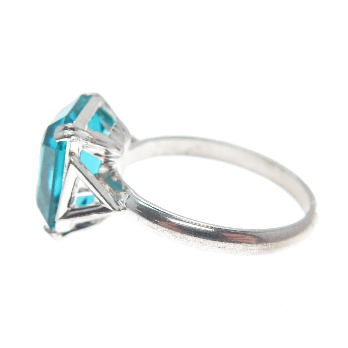 925 Sterling Silver Antique Art Deco Emerald-Cut Blue Glass Ring Size 7