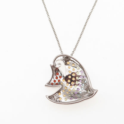 925 Sterling Silver Real Diamond & Multi-Gem Angelfish Cable Chain Necklace 18"