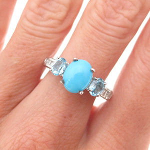 Chuck Clemency Sterling Silver Real Turquoise Blue & White Topaz Ring Size 8.25