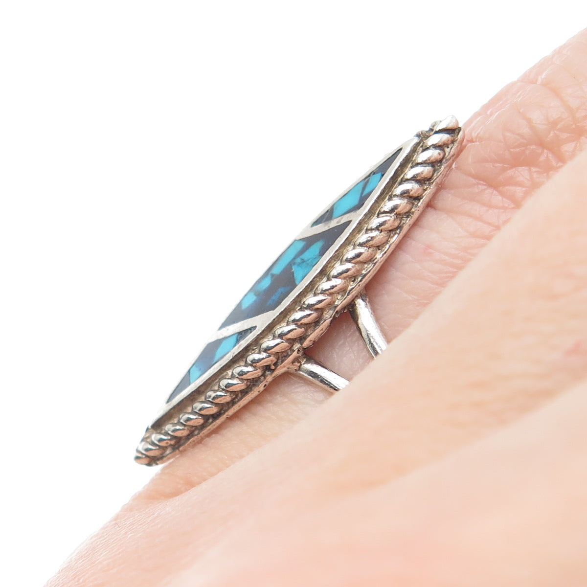925 Sterling Silver Vintage Southwestern Turquoise Inlay Oxidized Ring Size 5.5