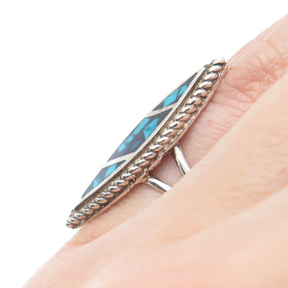 925 Sterling Silver Vintage Southwestern Turquoise Inlay Oxidized Ring Size 5.5