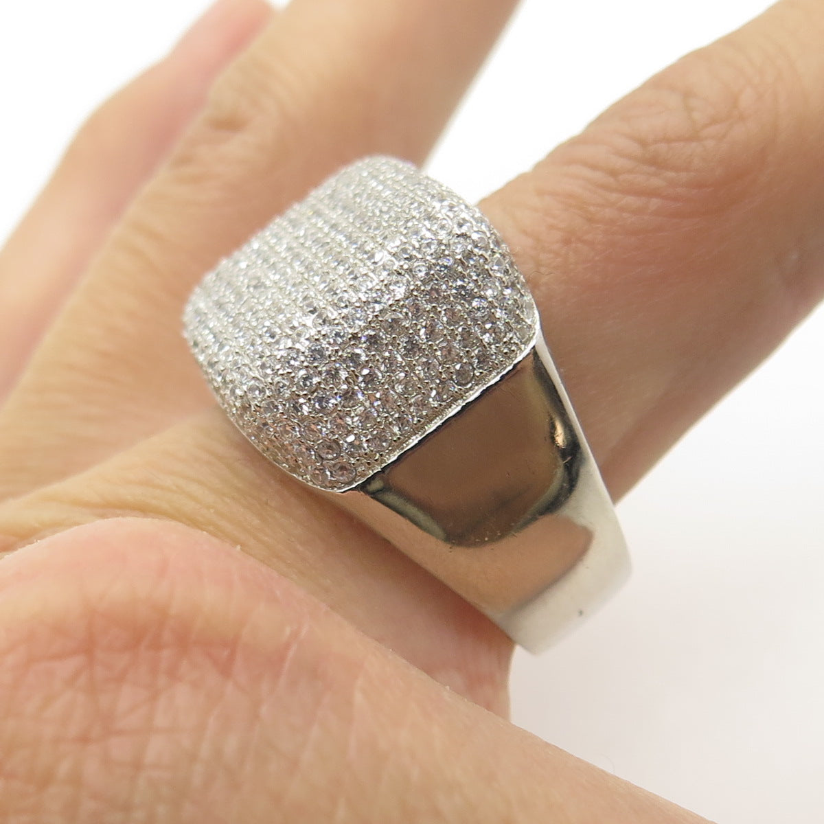 925 Sterling Silver Pave C Z Domed Ring Size 12.5