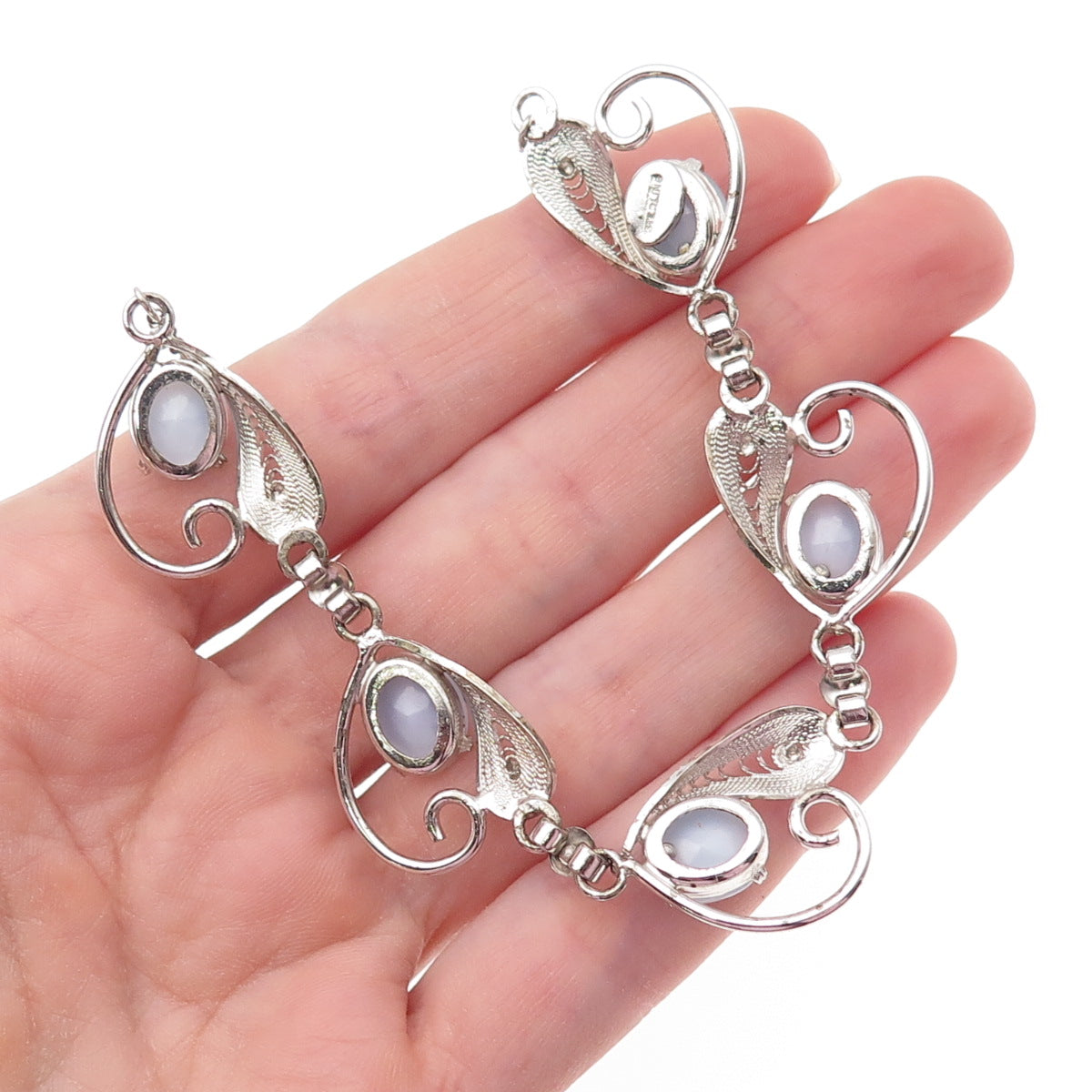 925 Sterling Silver Antique Art Deco Apalite Filigree Chain Necklace 16"