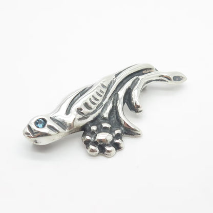 925 Sterling Silver Vintage Real Blue Topaz Gem Bird On Branch Pin Brooch