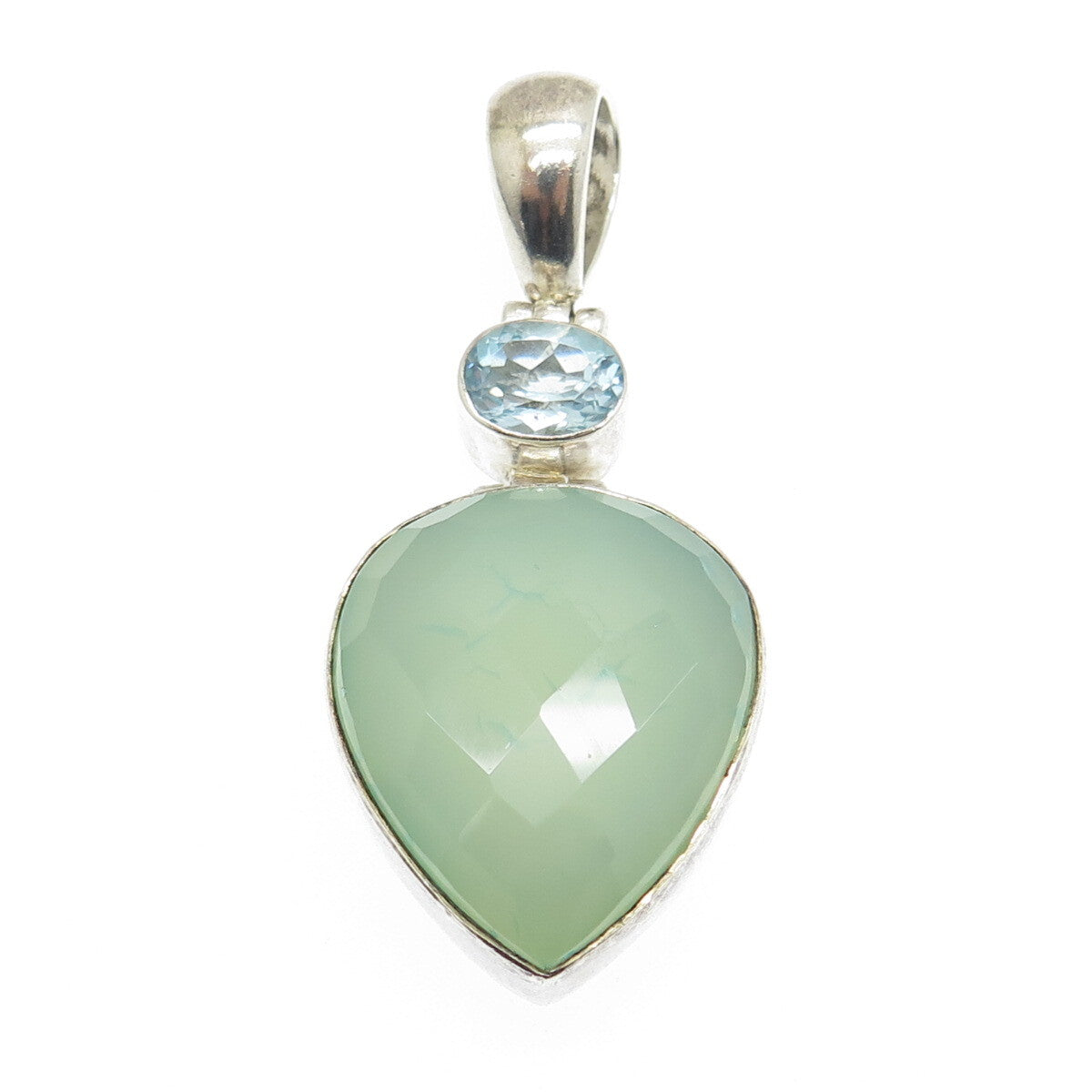 925 Sterling Silver Vintage Real Pear-Cut Chalcedony & Blue Topaz Pendant