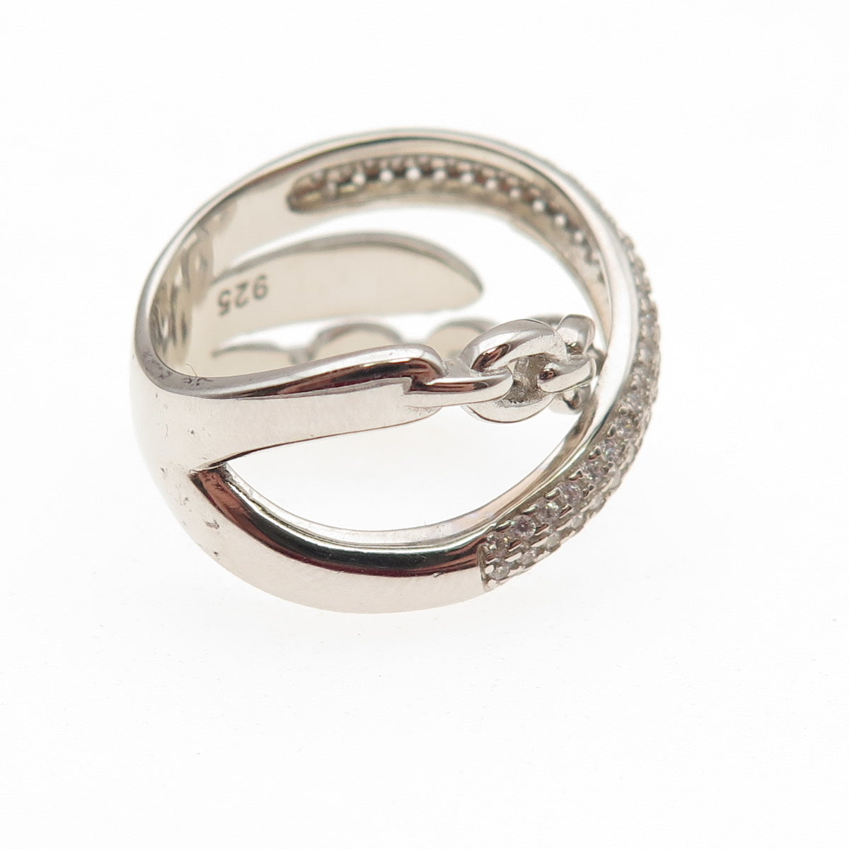 925 Sterling Silver Round-Cut C Z Multi-Chain Crossover Ring Size 6