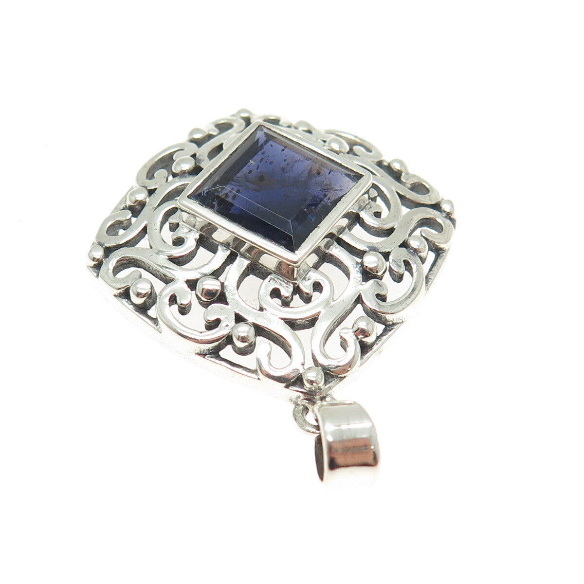 925 Sterling Silver Vintage Real Iolite Gemstone Swirl Ornate Pendant