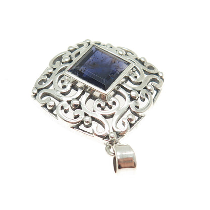 925 Sterling Silver Vintage Real Iolite Gemstone Swirl Ornate Pendant