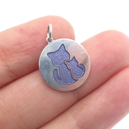 925 Sterling Silver Purple Enamel Cat Couple Round Tag Minimalist Charm Pendant