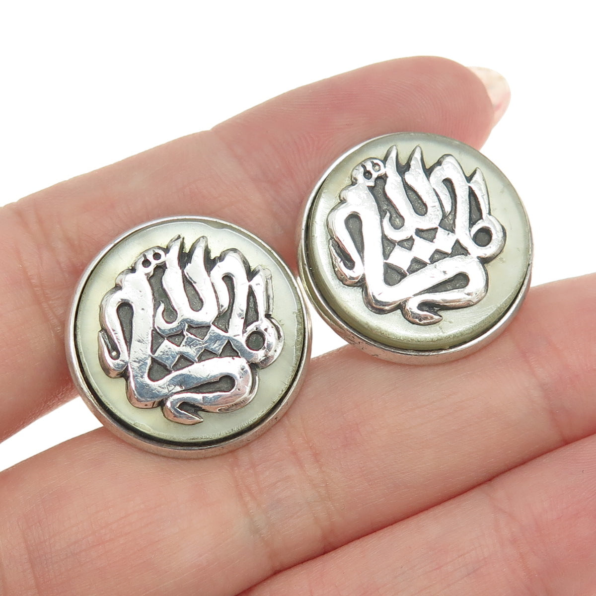 900 Silver Vintage Real Mother-of-Pearl Arabic Character Round Cufflinks