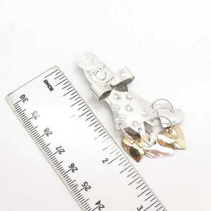 925 Sterling Silver 2-Tone Vintage Snowman & Heart Dangling Pin Brooch