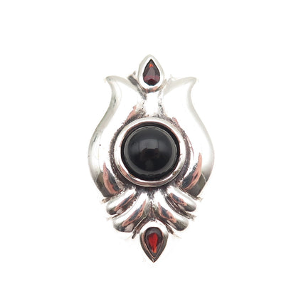 925 Sterling Silver Vintage Real Black Onyx & Red Garnet Modernist Slide Pendant