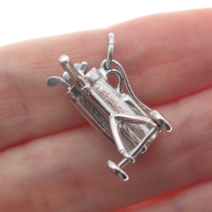 WELLS 925 Sterling Silver Vintage Golf Clubs Bag Minimalist 3D Charm Pendant