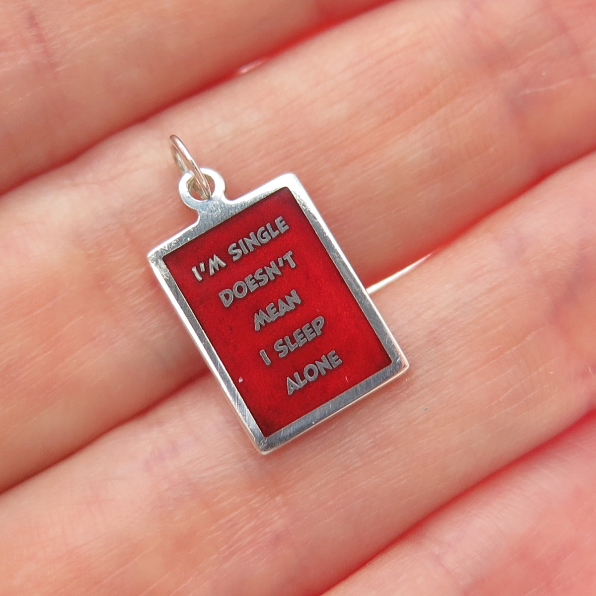 925 Sterling Red Enamel I'm Single Doesn't Mean I Sleep Alone Minimalist Pendant