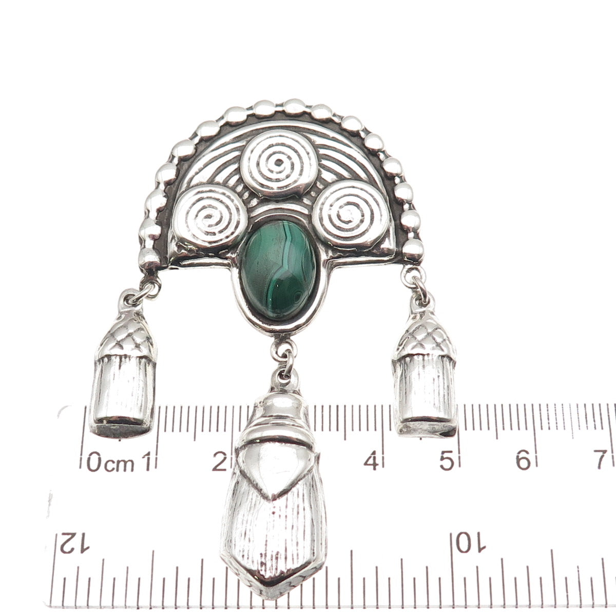 925 Sterling Silver Vintage Real Malachite Aztec Goddess Oxidized Pin Brooch
