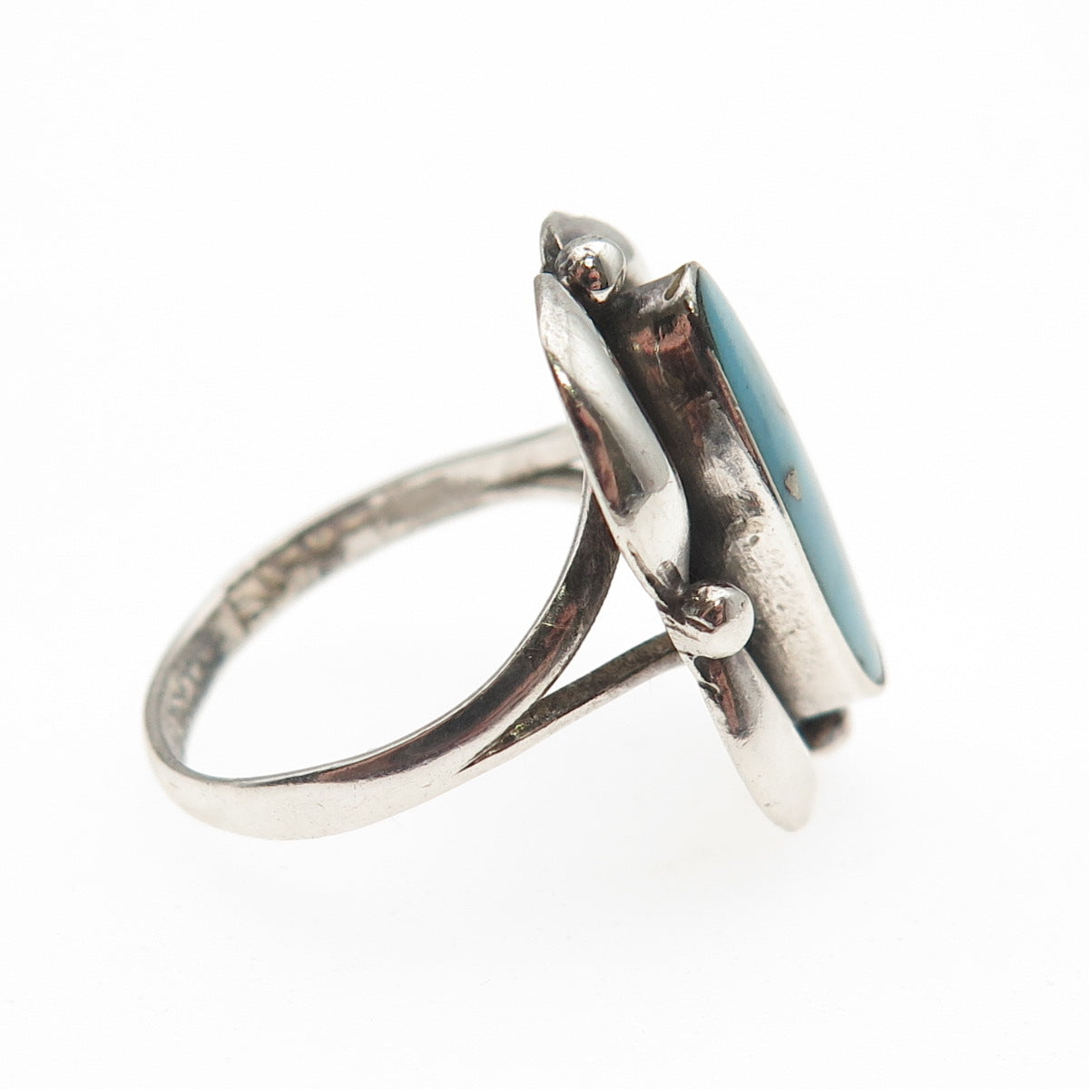 925 Sterling Silver Vintage Mexico Real Turquoise Modernist Oxidized Ring Size 6