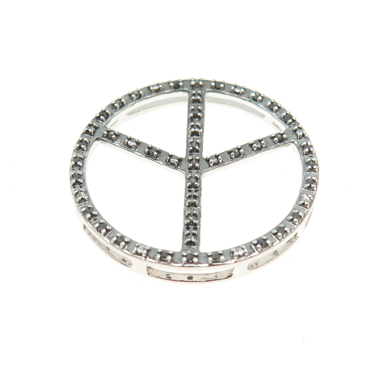 925 Sterling Silver Real Round-Cut Black Diamond Peace Symbol Slide Pendant