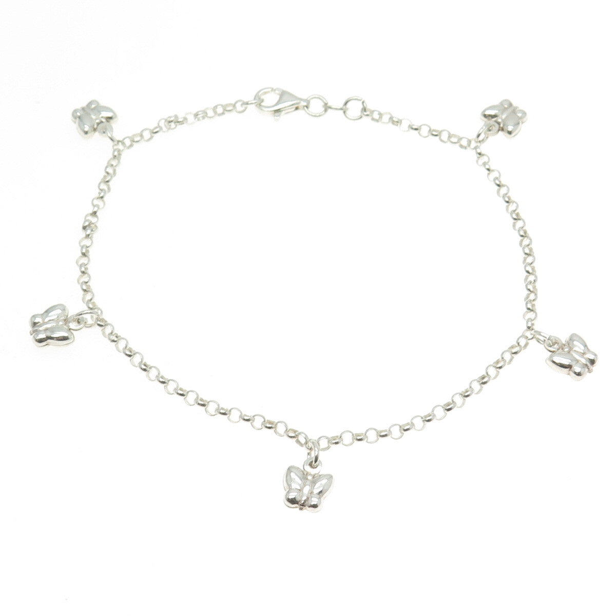 925 Sterling Silver Italy Butterfly Charm Rolo Link Anklet Bracelet 10"
