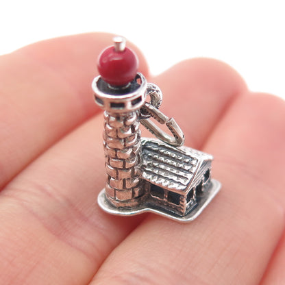 BEAU CRAFT 925 Sterling Antique Art Deco Real Coral Lighthouse Mini 3D Pendant