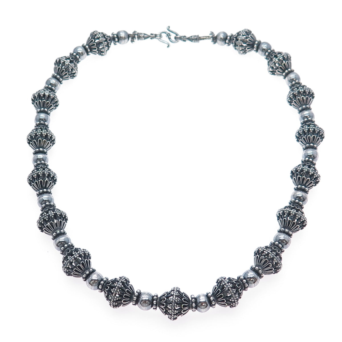 999 Fine Silver Vintage Oxidized Floral Beaded Chain Heavy 116.8g Necklace 20”