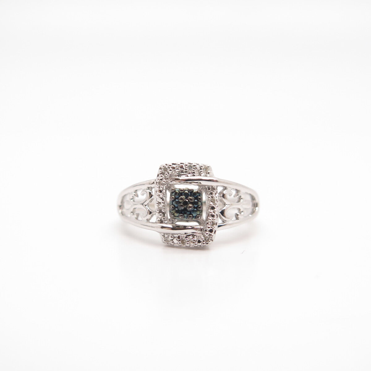 925 Sterling Silver SUN White & Blue Diamond Cutout Ornate Ring Size 7