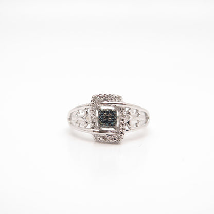 925 Sterling Silver SUN White & Blue Diamond Cutout Ornate Ring Size 7