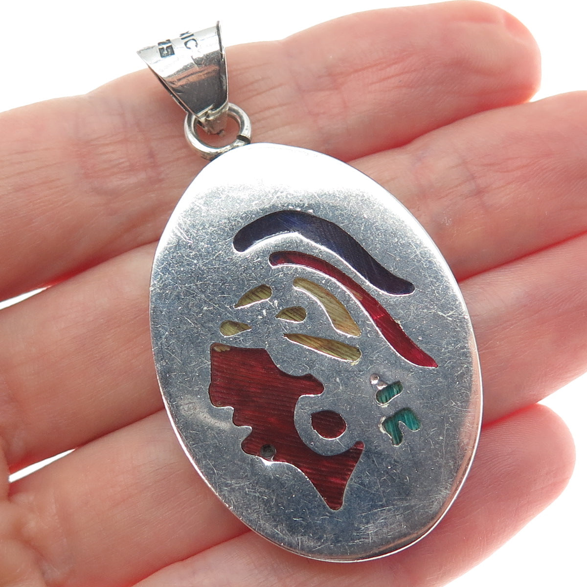 925 Sterling Silver Vintage Mexico Enamel Indian Chief Charm Pendant