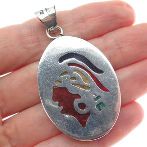 925 Sterling Silver Vintage Mexico Enamel Indian Chief Charm Pendant