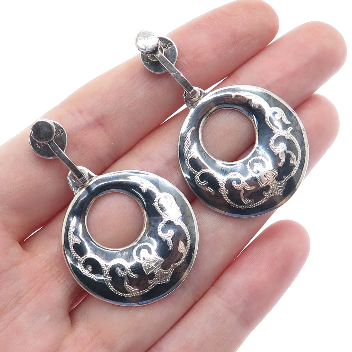 925 Sterling Silver Antique Siam Niello Buddha Crescent Screw Back Earrings