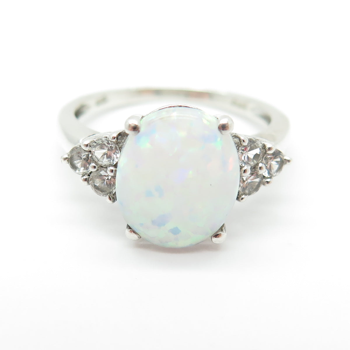 925 Sterling Silver Real White Opal & White Topaz Gemstone Ring Size 9.5