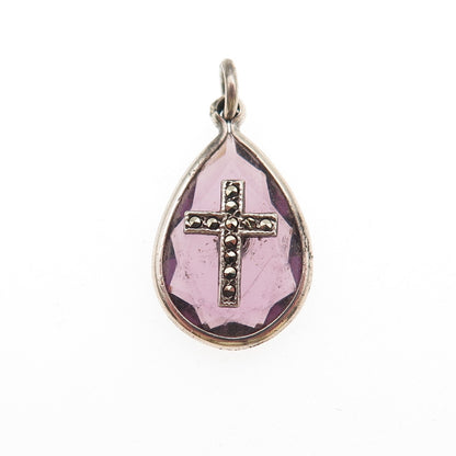925 Sterling Silver Antique Art Deco Real Amethyst Marcasite Cross Mini Pendant