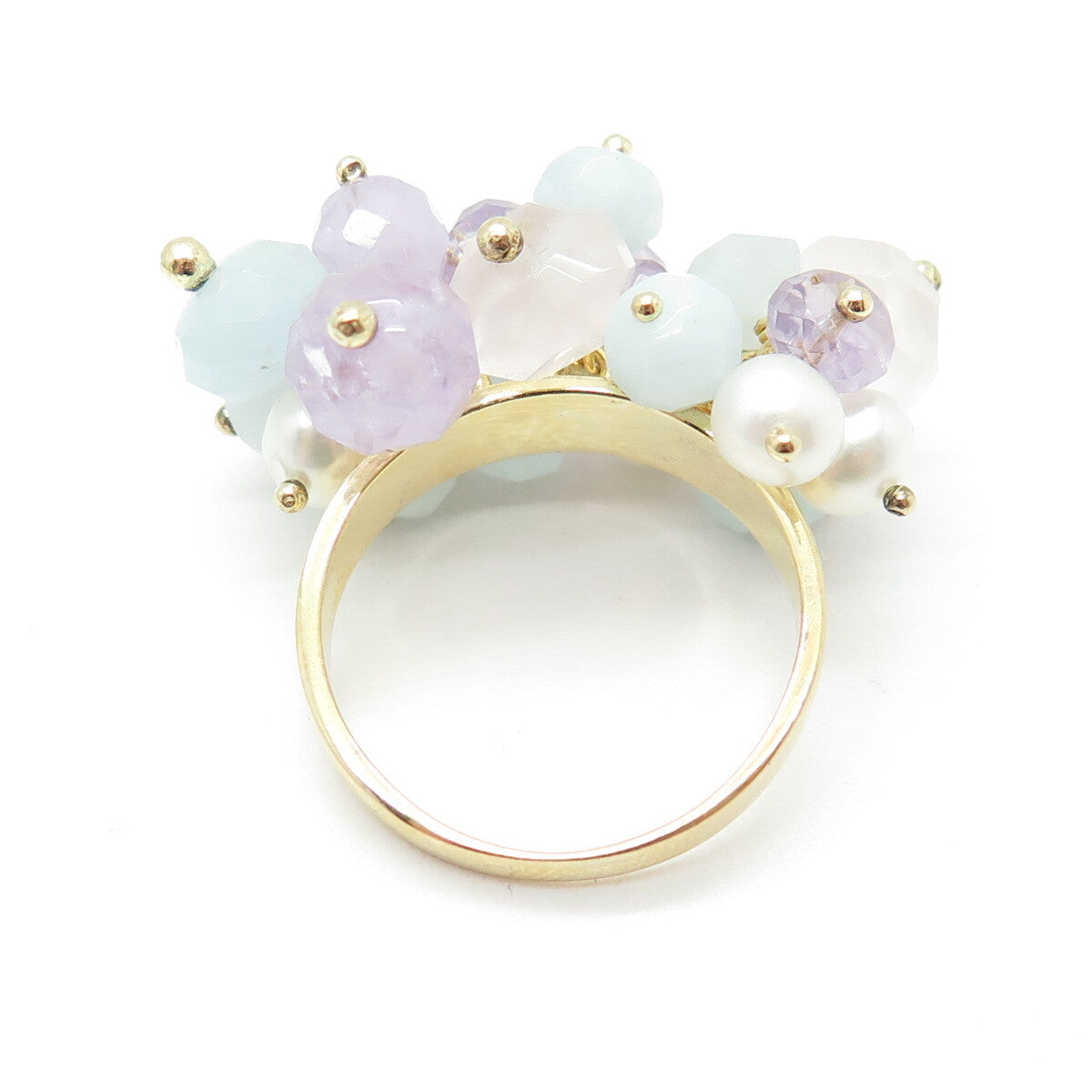 DALIA 925 Sterling Gold Plated Pearl Quartz Amethyst & Aquamarine Ring Size 9.75