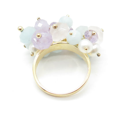 DALIA 925 Sterling Gold Plated Pearl Quartz Amethyst & Aquamarine Ring Size 9.75