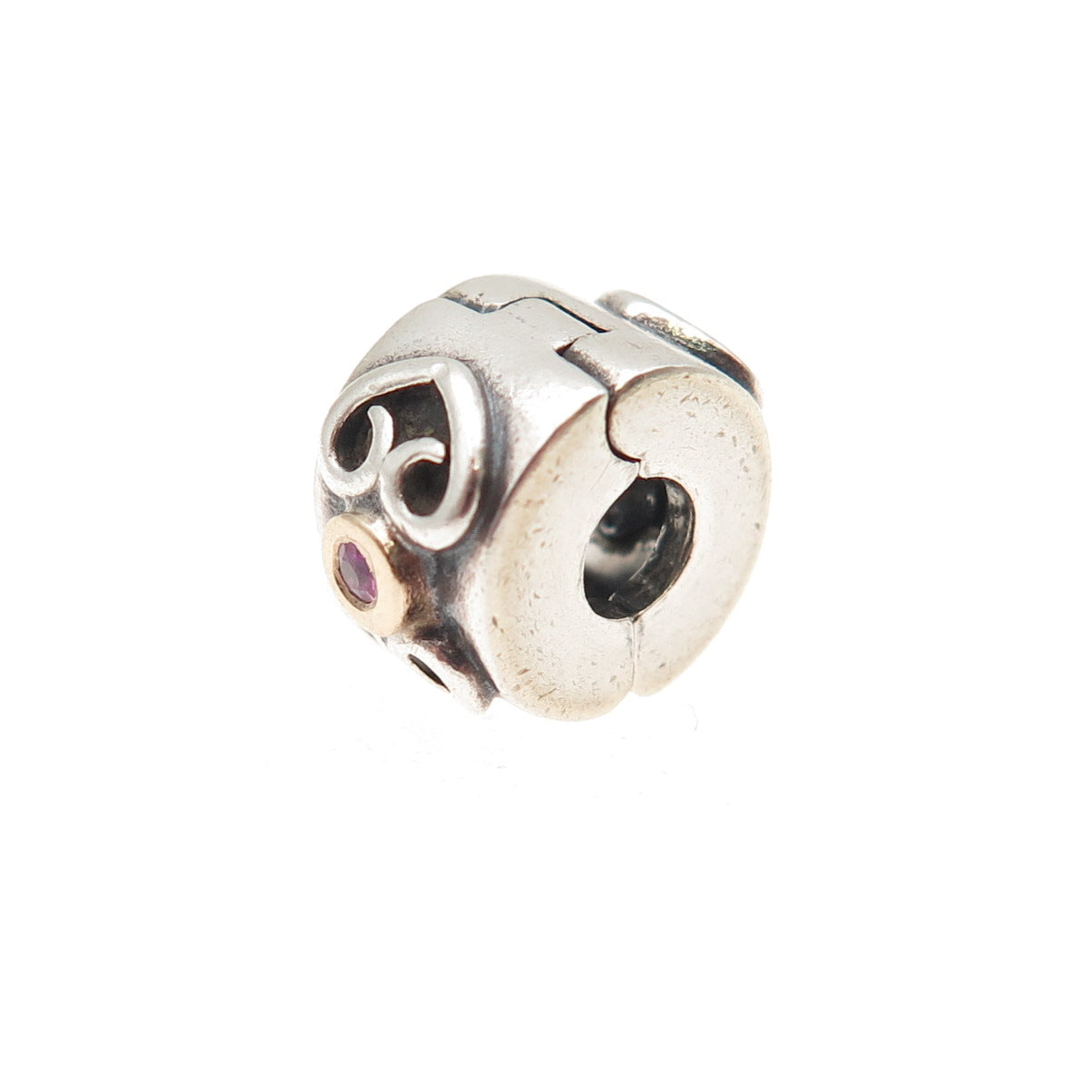 PANDORA 925 Sterling Silver & Gold Real Ruby Double Heart Clip Charm
