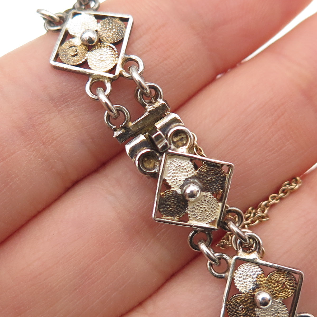 800 Silver Gold Plated Vintage European Flower Link Bracelet 7"