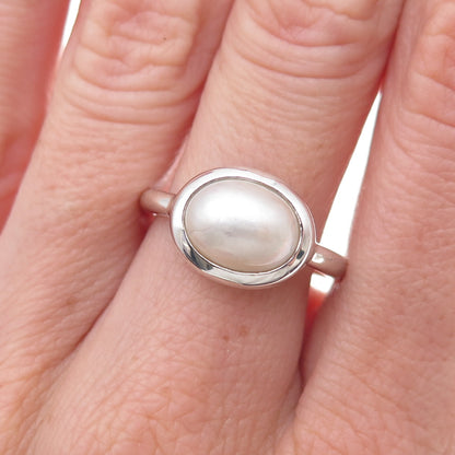 925 Sterling Silver Vintage Real Pearl Modernist Ring Size 6