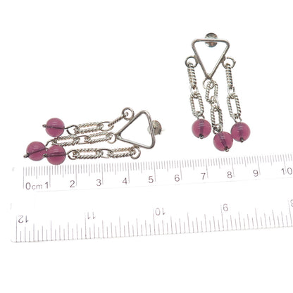 925 Sterling Silver Vintage Amethyst Modernist Drop Chain Ball Dangle Earrings