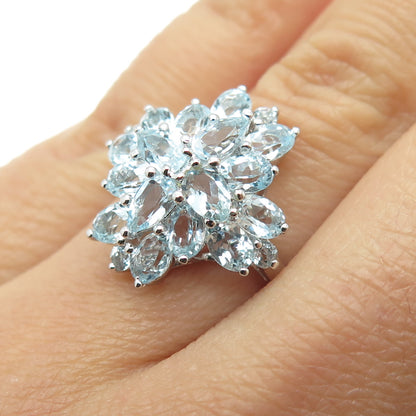 925 Sterling Silver Real Oval & Round-Cut Blue Topaz Cluster Ring Size 6.25