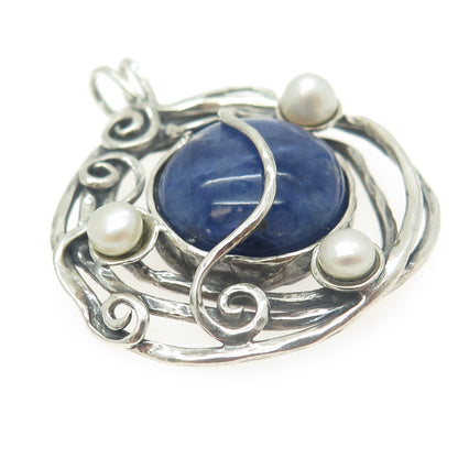 925 Sterling Silver Vintage Real Sodalite & Pearl Modernist Swirl Pendant