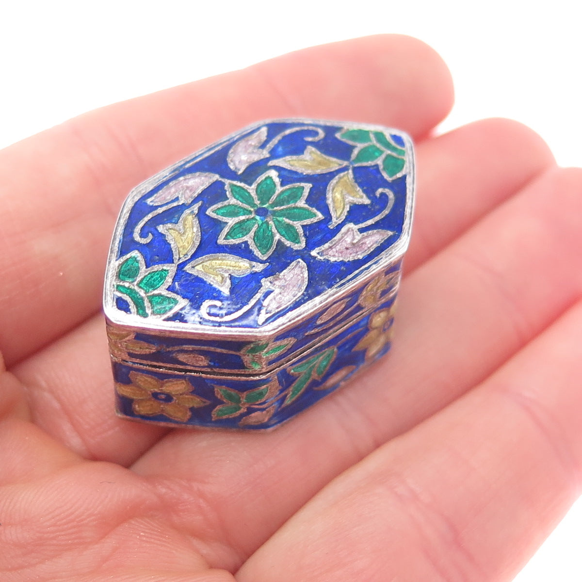 925 Sterling Silver Vintage Enamel Flower Pill / Snuff Box