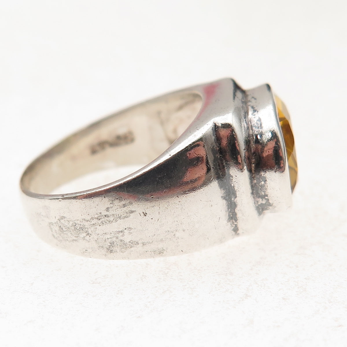 925 Sterling Silver Vintage Real Citrine Modernist Oxidized Ring Size 7.25