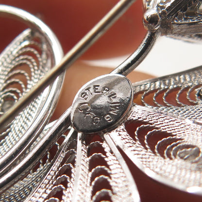 925 Sterling Silver CFG Vintage Filigree Tulip Floral Pin Brooch