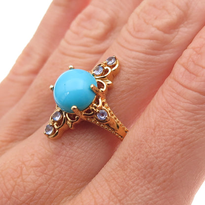Chuck Clemency 925 Sterling Gold Plated Real Turquoise & Tanzanite Ring Size 8