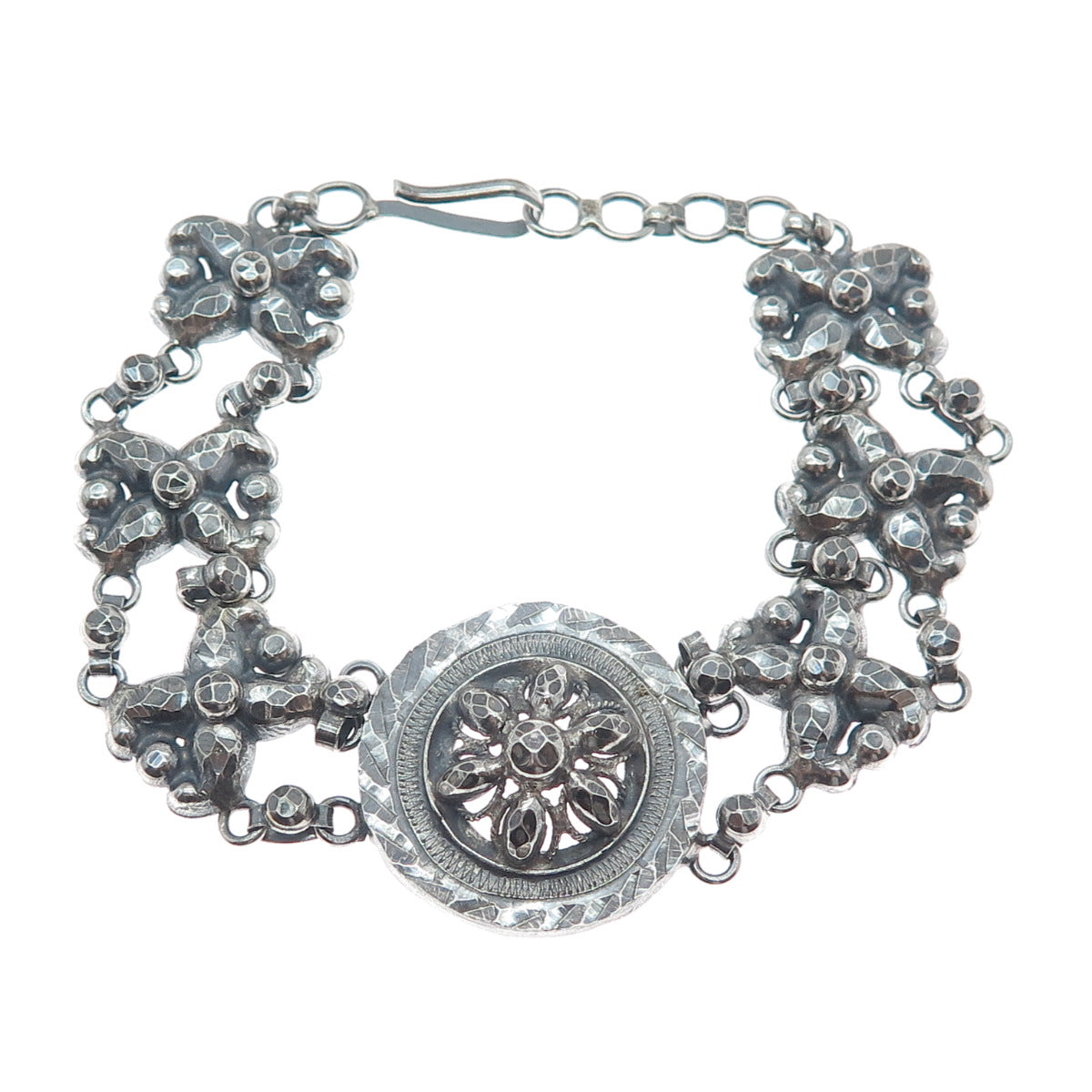 925 Sterling Silver Antique Art Deco Floral Link Oxidized Bracelet 7"