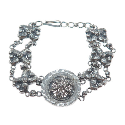 925 Sterling Silver Antique Art Deco Floral Link Oxidized Bracelet 7"