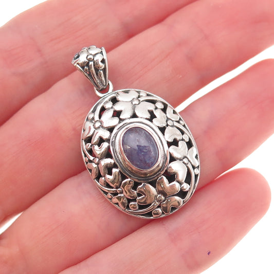 925 Sterling Silver Vintage Real Tanzanite Floral Oxidized Charm Pendant