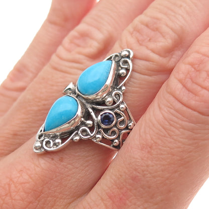 925 Sterling Silver Vintage Real Turquoise & Iolite Oxidized Ring Size 8