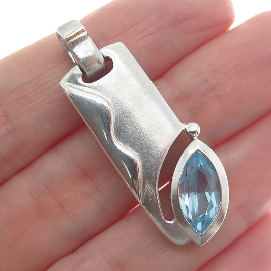 925 Sterling Silver Vintage Real Marquis-Cut Blue Topaz Gem Modernist Pendant