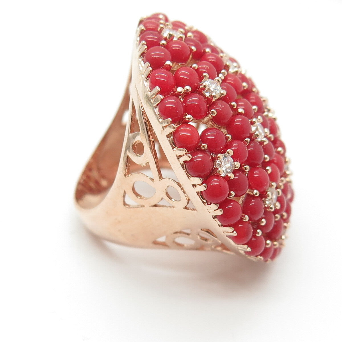 925 Sterling Silver Rose Gold Plated Coral & C Z Dome Statement Ring Size 7.25