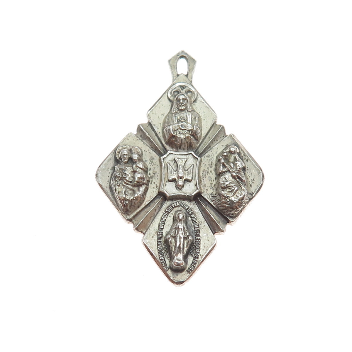 A. Gale 925 Sterling Silver Antique Art Deco 4-Way Religious Medal Charm Pendant